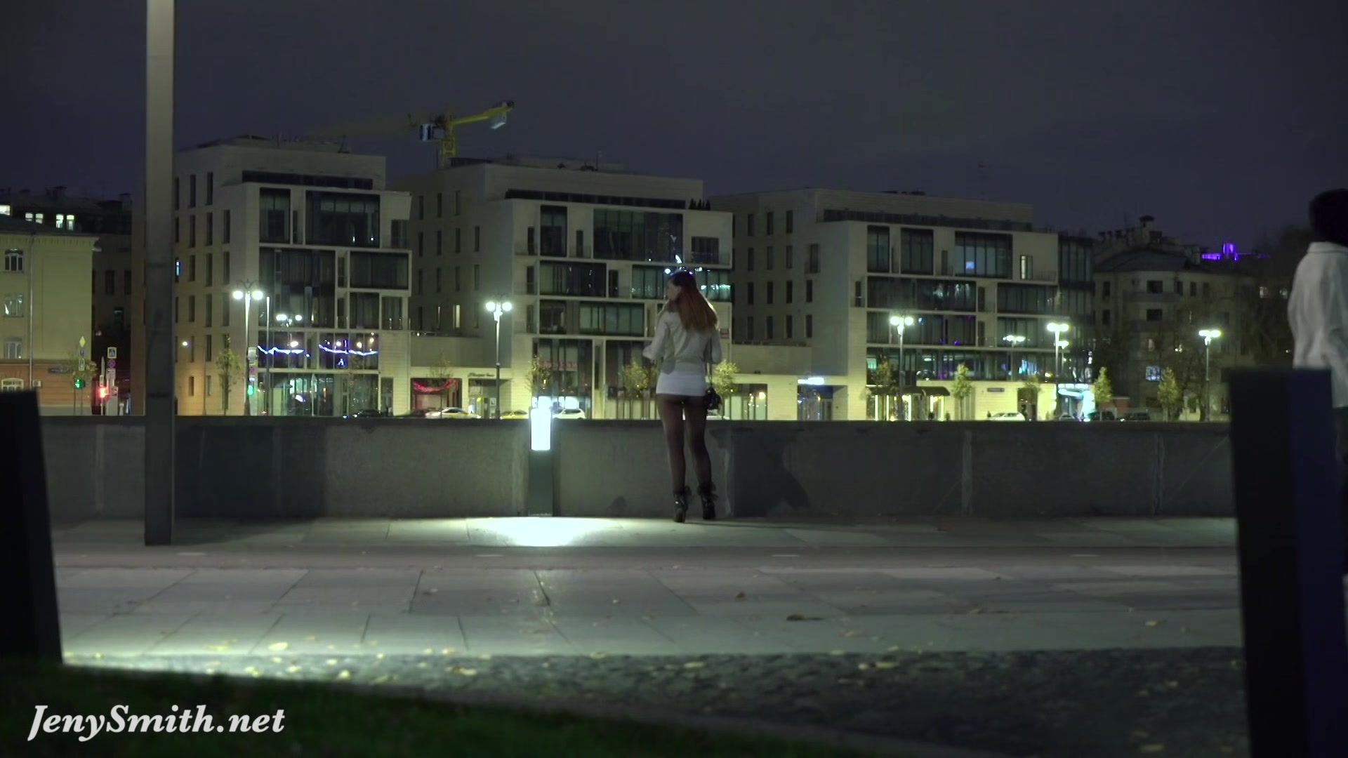 Deep Evening - Russian Jeny Smith walks in public in transparent pantyhose without panties.