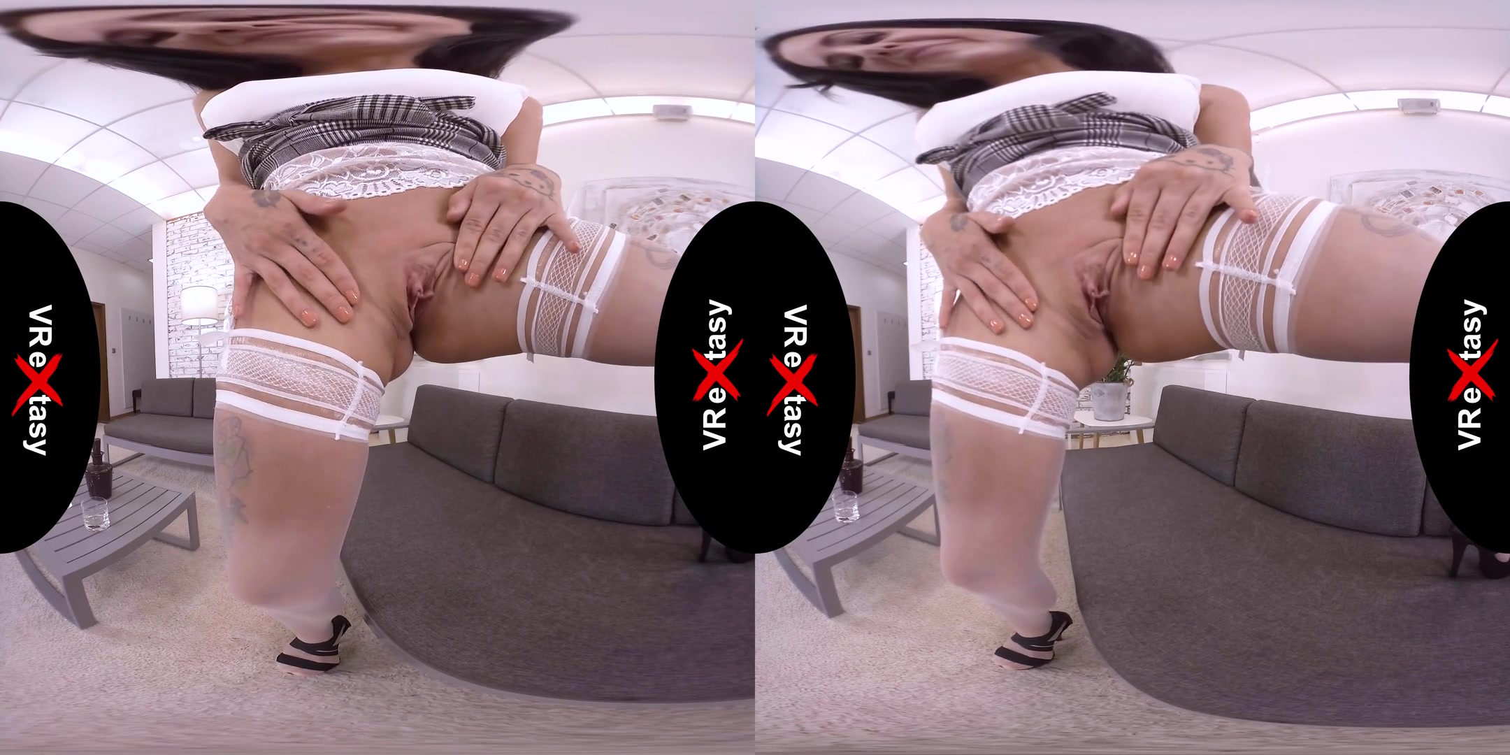 Barbie Esm - Solo in White Stockings - Big Tits Brunette Stripping and Masturbating