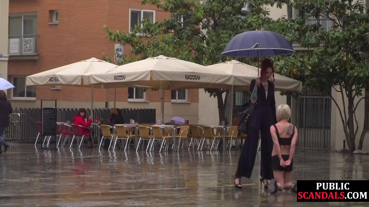 Public perverted naked slut seduced by BDSM lady outdoor