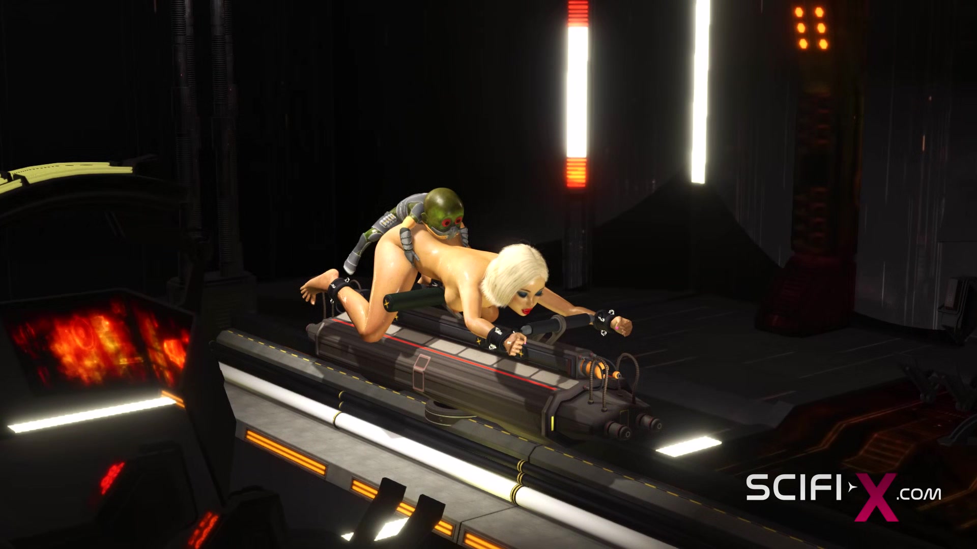 Hot sex with alien. A sexy blonde has crazy fuck with a green alien in a spaceship