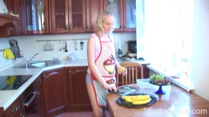 Kitchen cooking with Sarah Kimble and her small tits