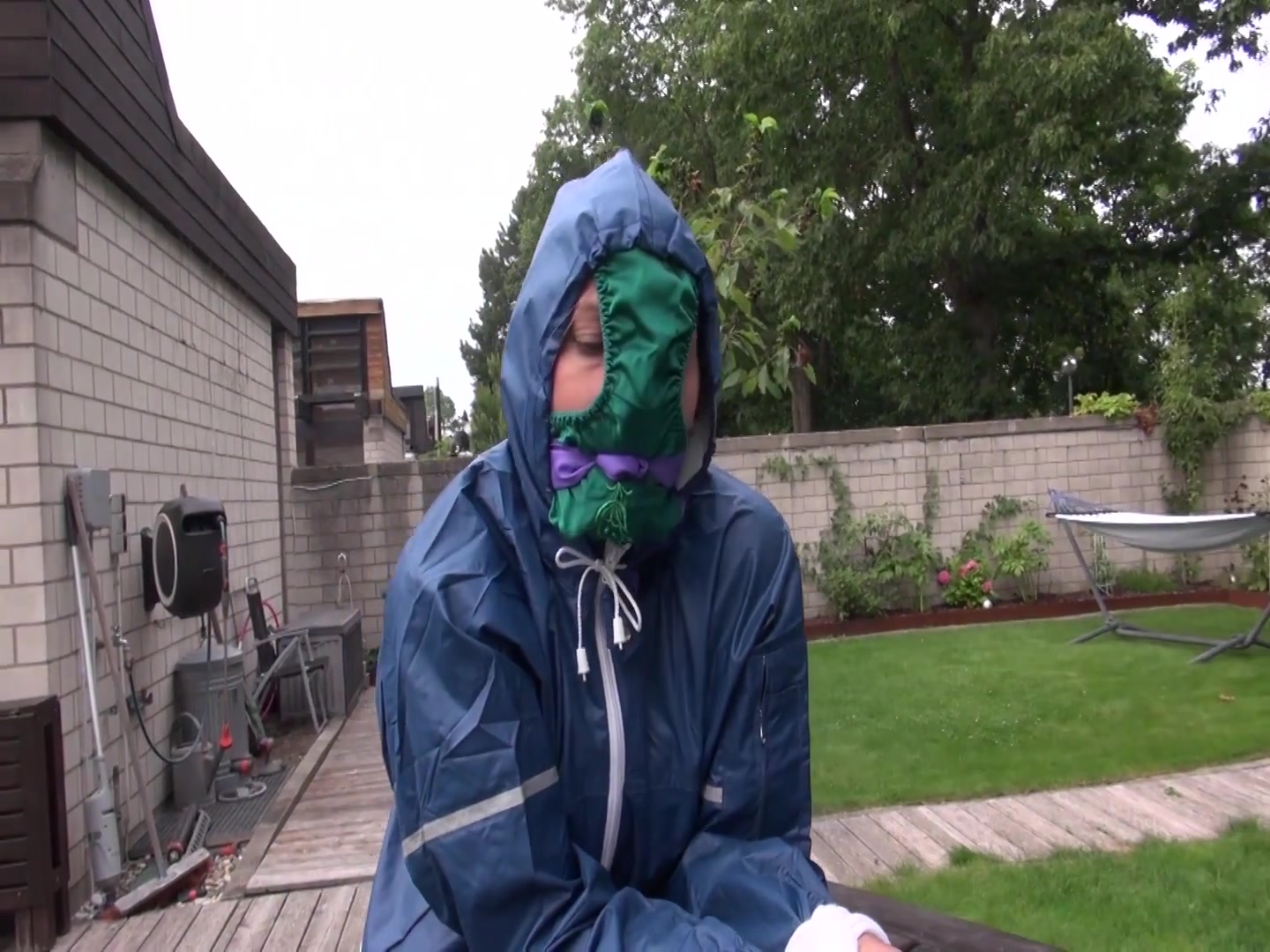 Watch Sandra Beeing Bound, Gagged With A Pantyhood In Her Oldschool Rainsuit