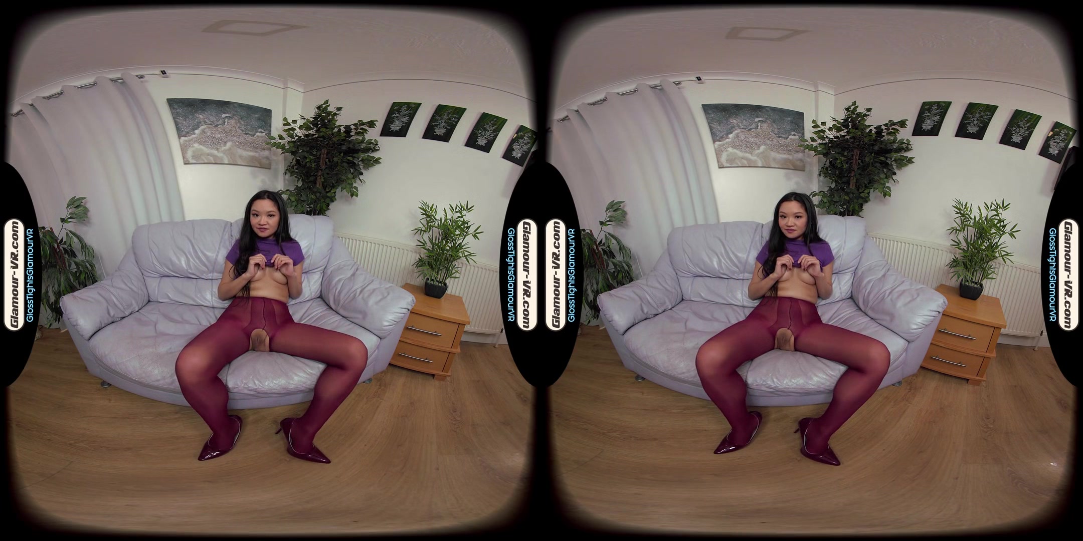 Louisa Lu Purple Dress With Crotchless Glossy Legwear Provides Unexpected Secret Treat - 8k Vr