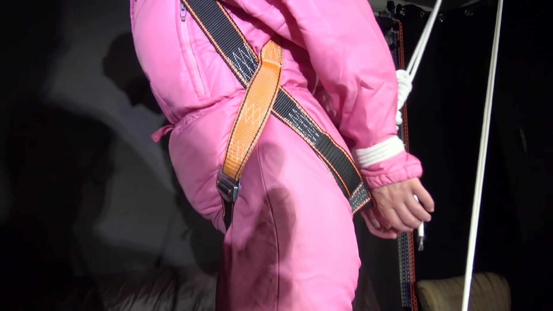 Sexy ***Sandra*** Wearing A Hot Pink Oldschool Downbib And A Down Jacket Being Tied And Gagged With Ropes And A Clothgag Hanging On The Ceiling (Video)