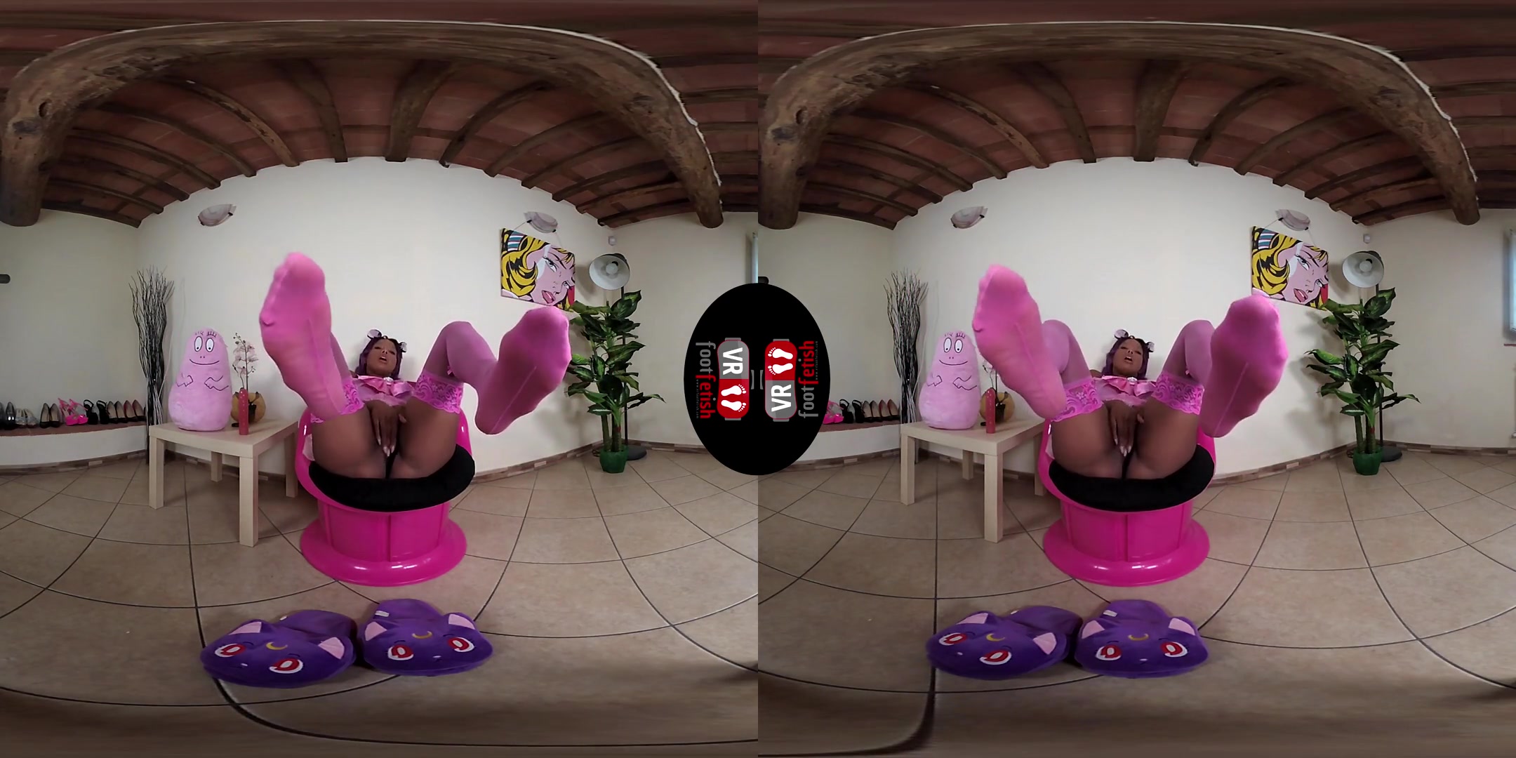 Hot Brunette Janelle Plays With Dildo Dressed In Pink Stockings With Kawaii Slippers; Ebony Babe in Kitty Cosplay Foot Fetish VR