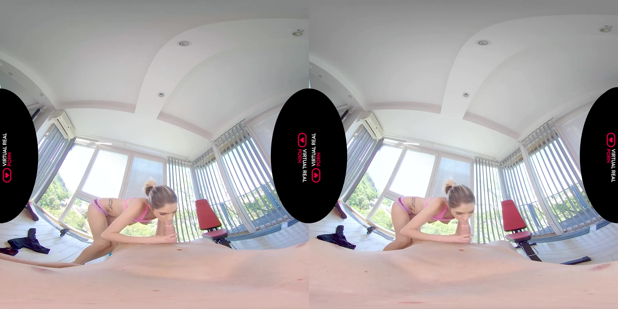 Weight Bench - Hot babe in yoga pants gives you a blowjob and then fucks you
