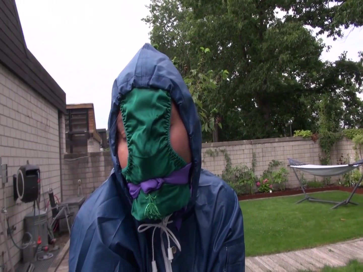 Watch Sandra Beeing Bound, Gagged With A Pantyhood In Her Oldschool Rainsuit