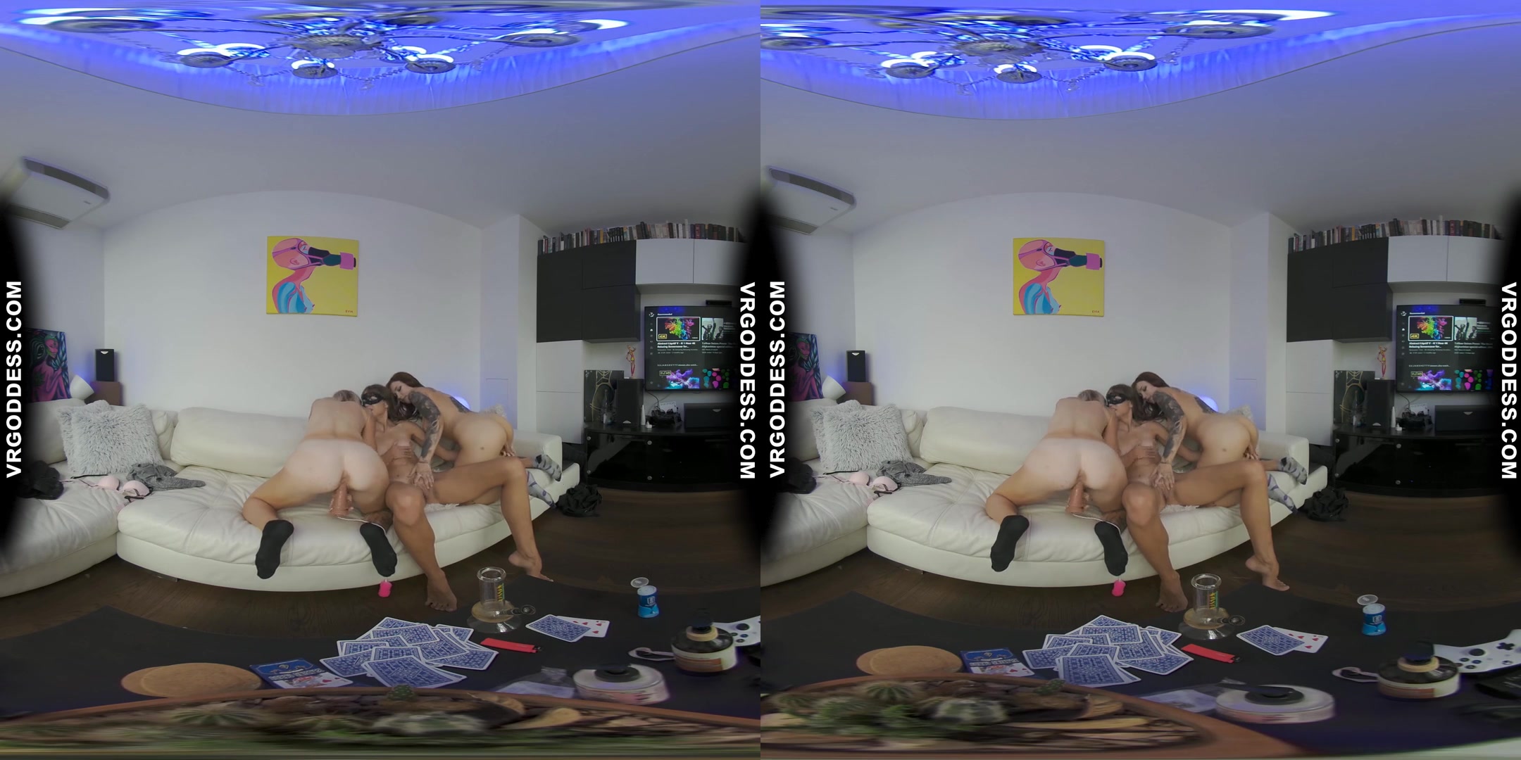Triple Model Strip Poker Smoking Bong And Lesbian Dildoing With Miss Pussycat Bleika Cherri Threeway