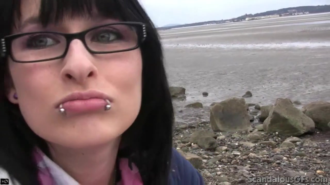 Nerd Brunette Blowjob and cumming beside beach