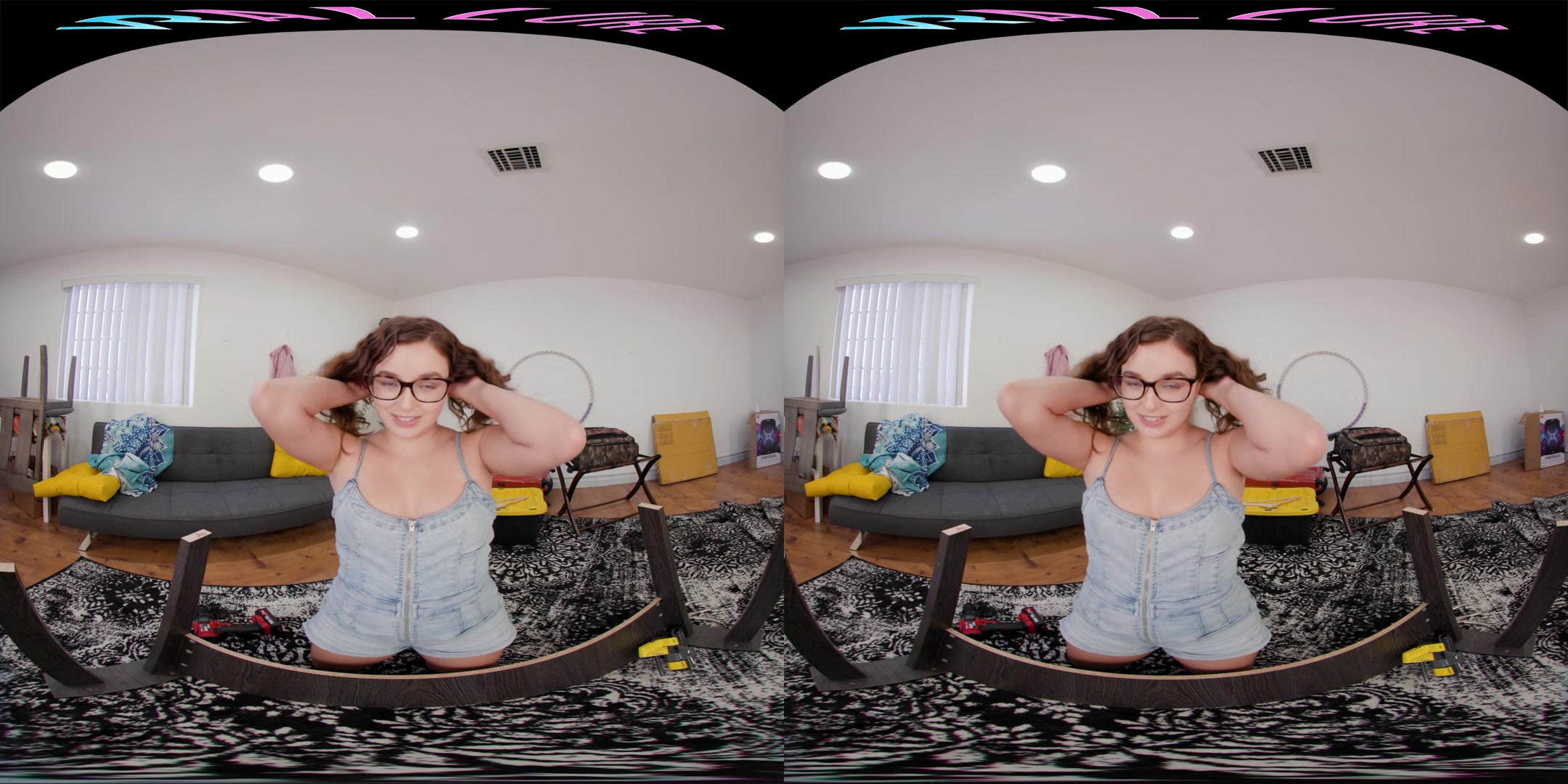 Busty brunette in glasses teasing you in virtual reality