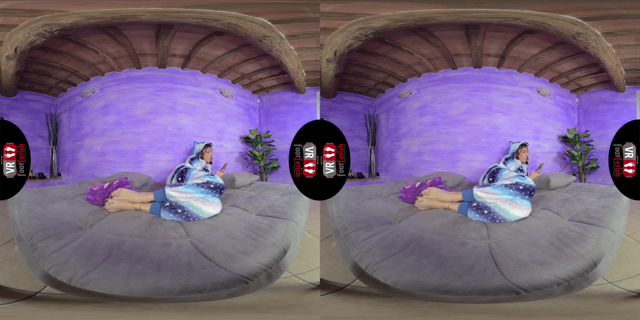 Stunning Aradia In A One-Piece Hooded Pajama And Purple Slippers - VRFootFetish
