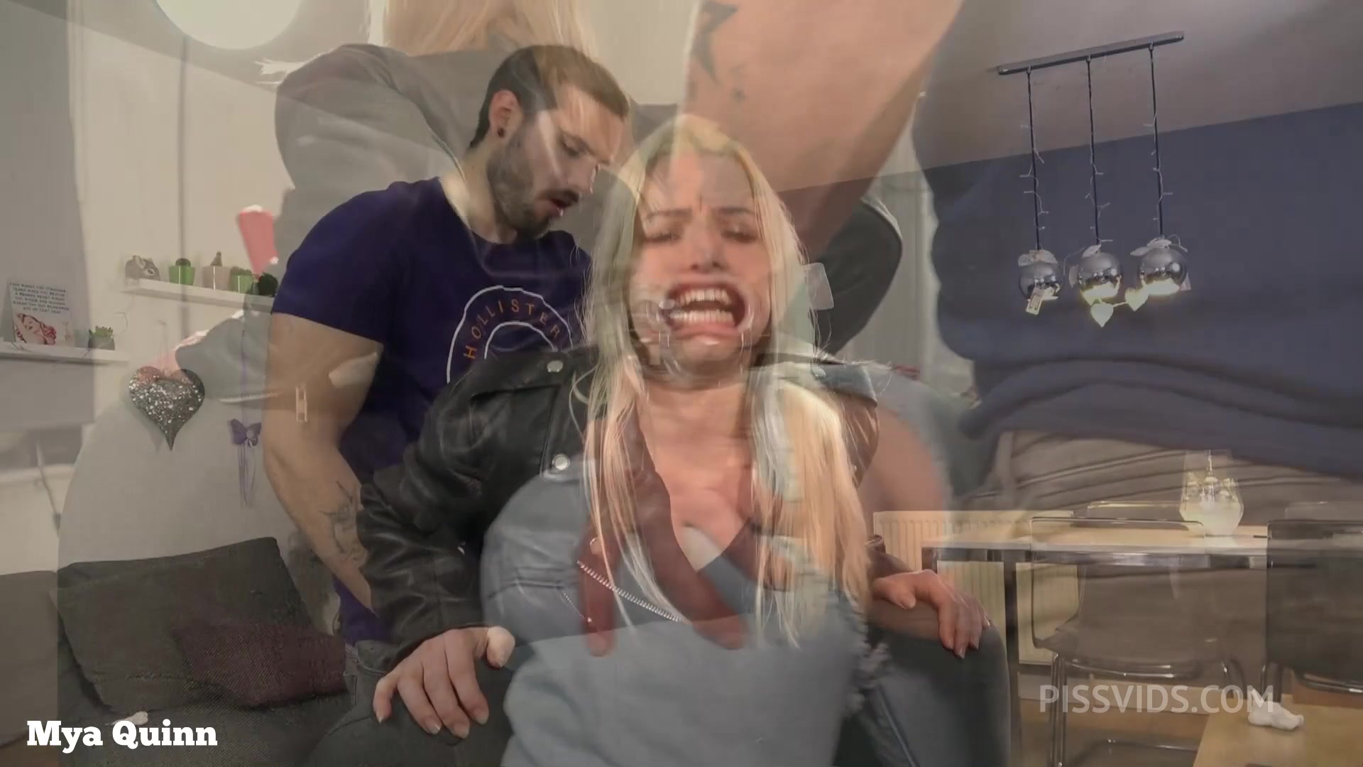 Mya wearing Levi's jeans and leather jacket and gets fucked through hole, piss on clothes, mouth gag deepthroat - PissVids