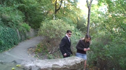 Golden-Haired playgirl does oral-stimulation in the forest