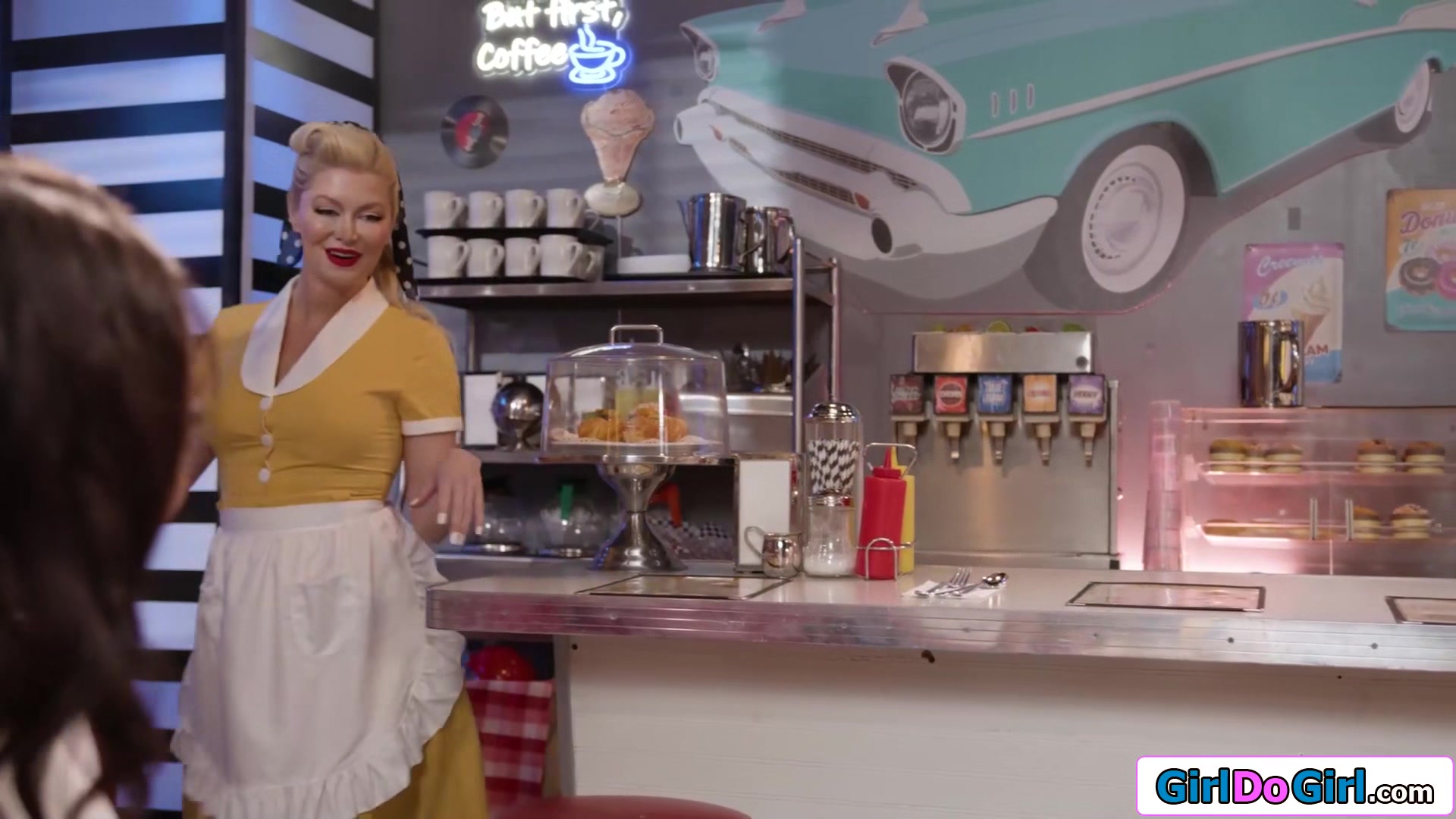 Busty milf waitress licks ebony customers pussy in her diner
