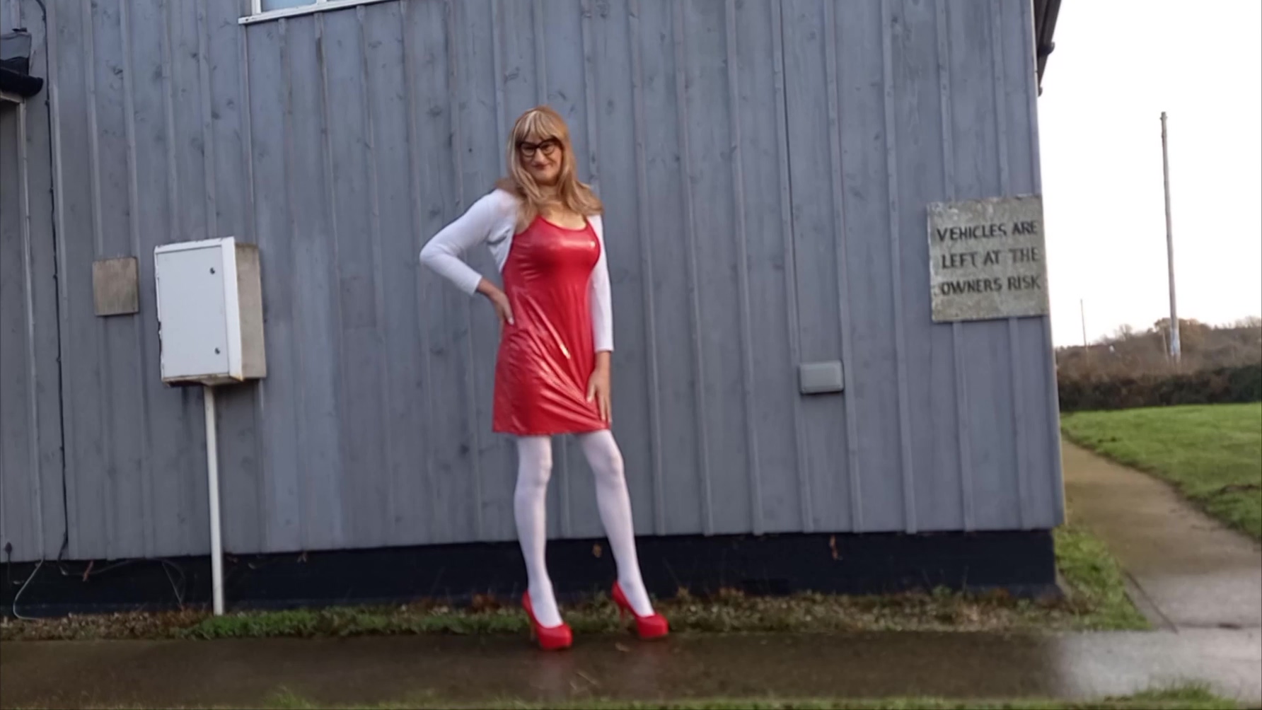 Tranny Outdoors Pissing In Red Pvc Dress