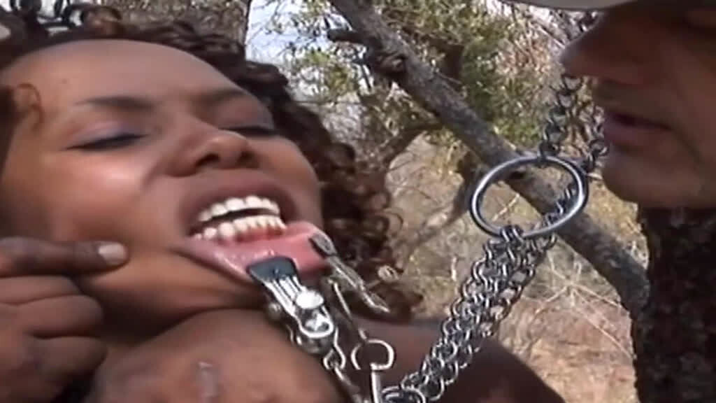 Super Hot Curly Black Babe Tied Up And Roughly Teased By Two Dominant Massive Dicks