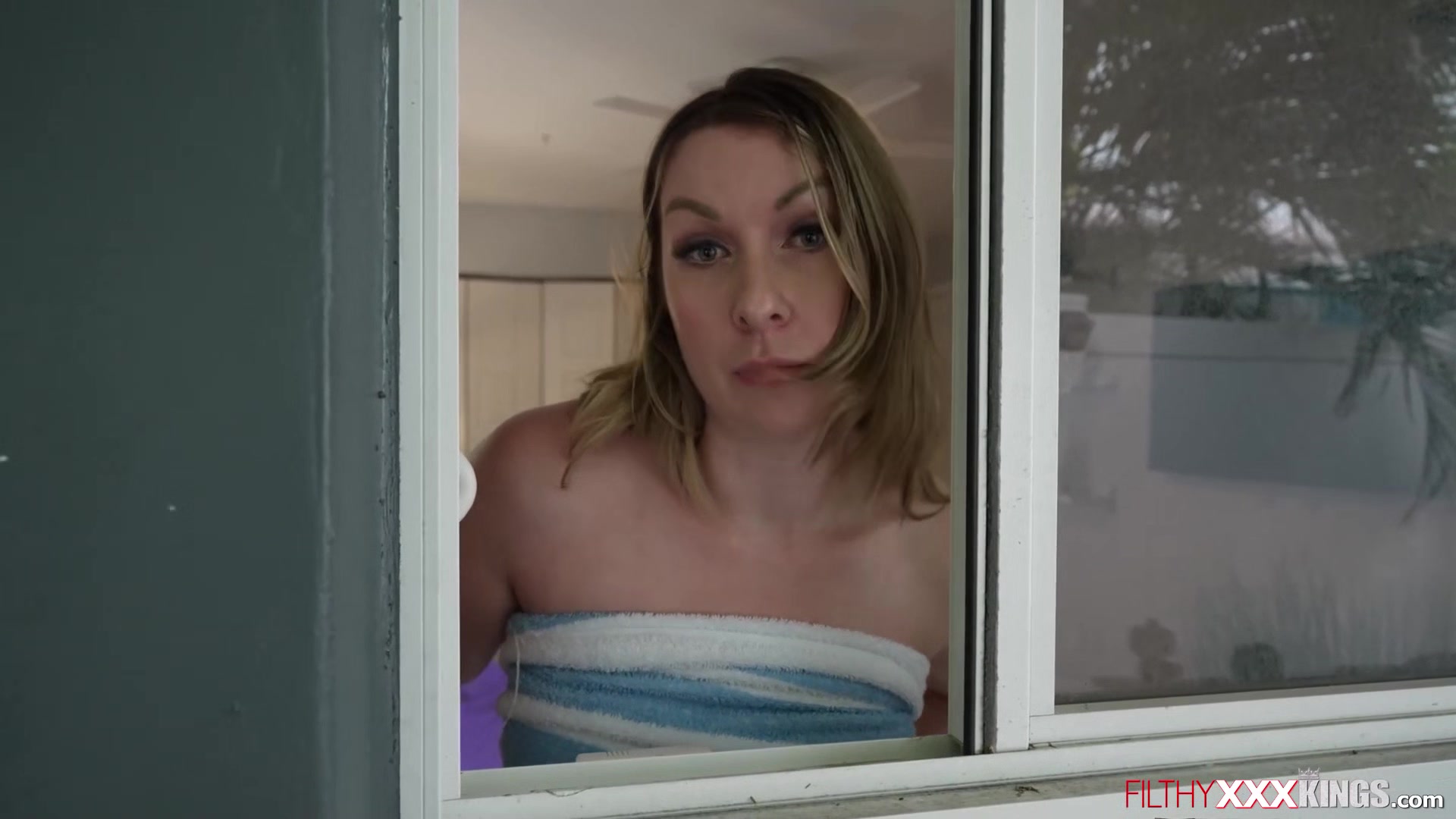 Busty milf fucks perv guy peeping on her