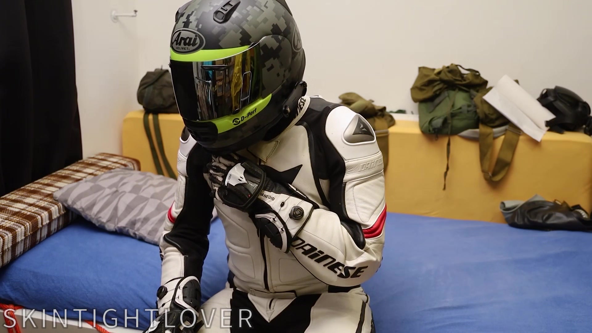 Leather biker cuming in gear