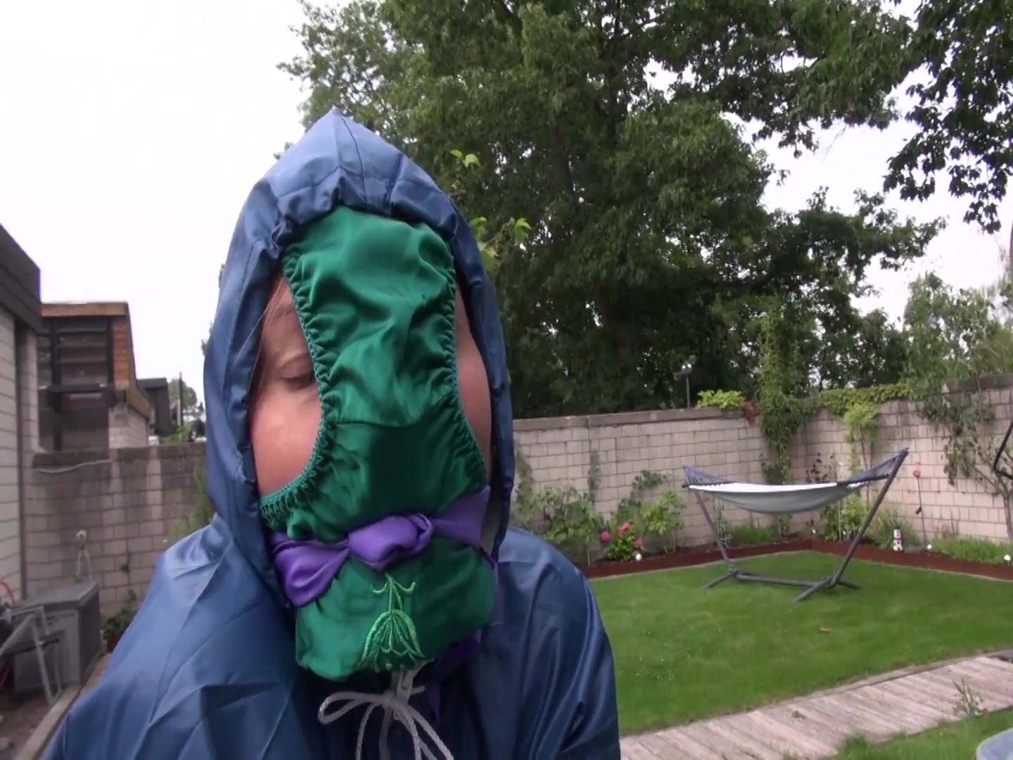 Watch Sandra Beeing Bound, Gagged With A Pantyhood In Her Oldschool Rainsuit