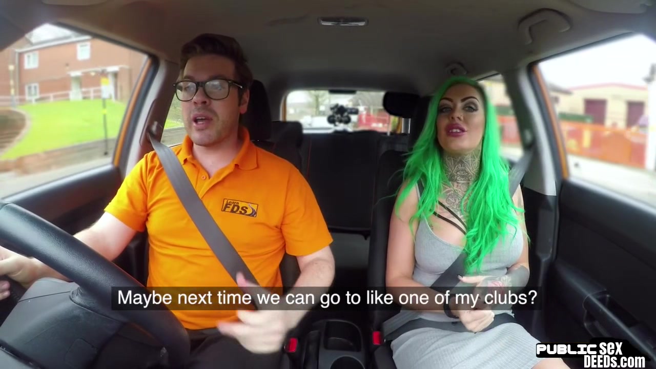 Green haired car driver pussy fucked in POV by instructor