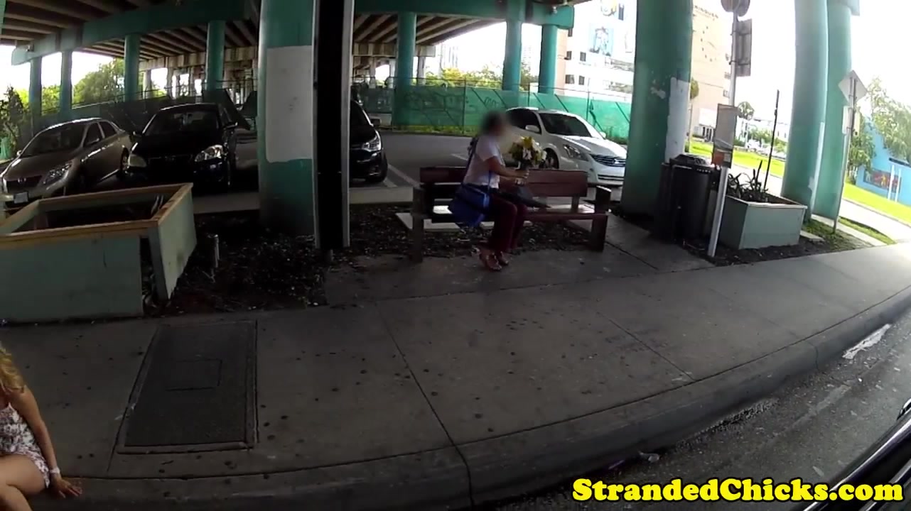 Hitchhiking babe facialized in restroom