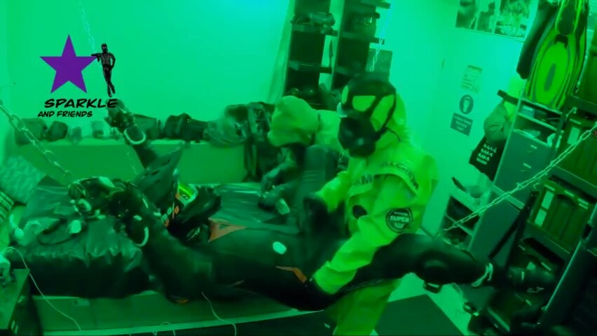 Hazmat gear boys fucking biker in sling
