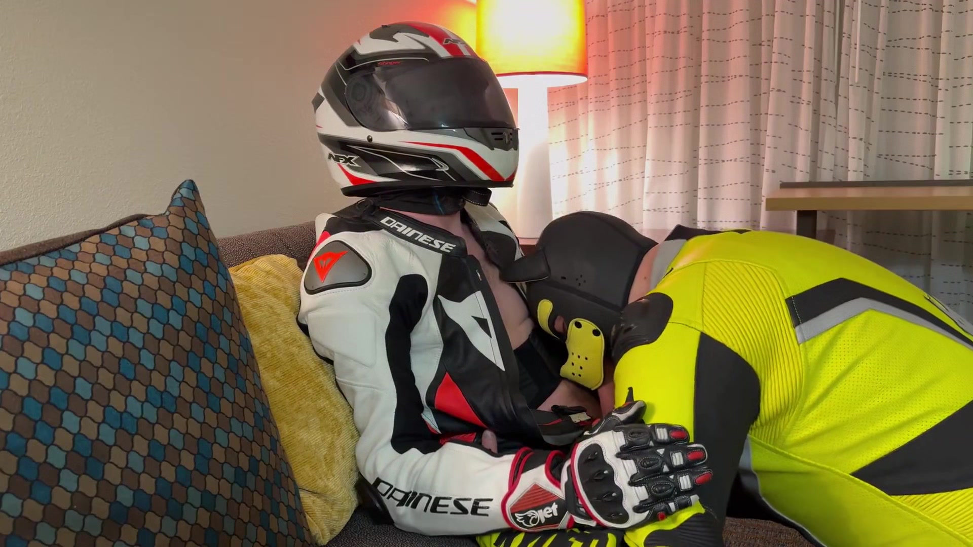 Biker gear blowjob and cum gloves