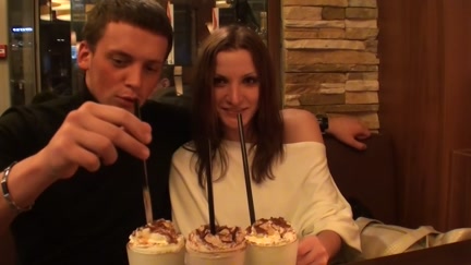 Cutie strips and sucks dongs in the cafe