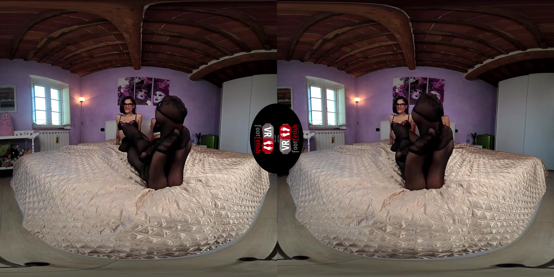 Brunette Power: Chiara and Petra Lay Down in a Bed in Black Nylons - Stockings Foot Fetish Lesbian Feet