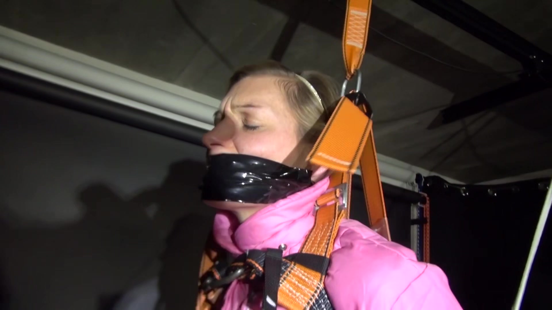 Sexy ***Sandra*** Wearing A Hot Pink Oldschool Downbib And A Down Jacket Being Tied And Gagged With Ropes And A Clothgag Hanging On The Ceiling (Video)
