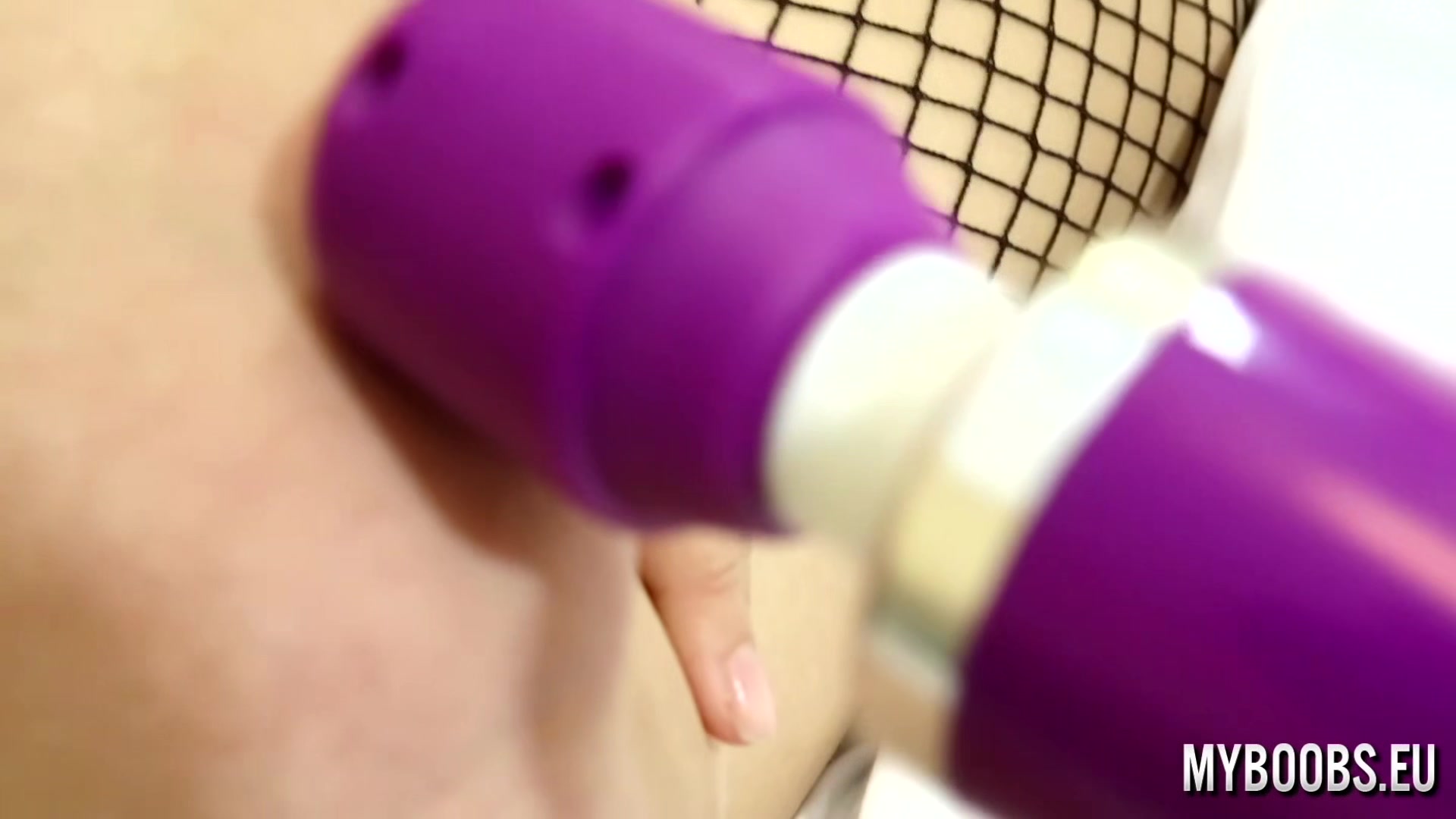 Huge Natural Boobs In Fishnet And Pink Highheels And Pink Magicwand