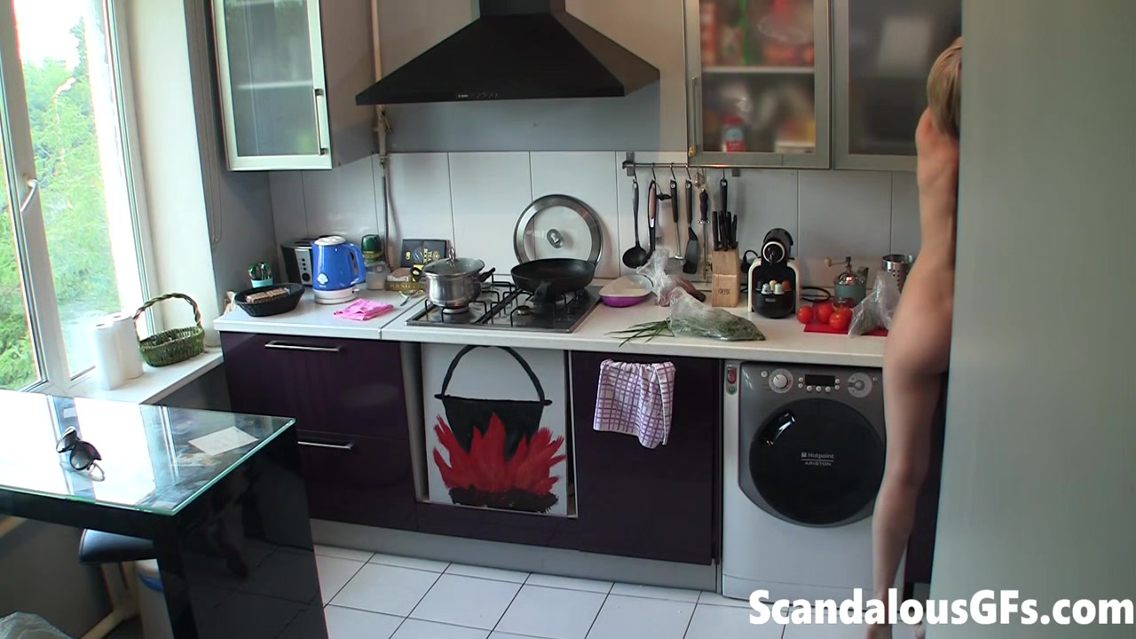 Sexy blonde teen in the kitchen on spycam