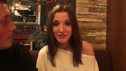 Cutie strips and sucks dongs in the cafe