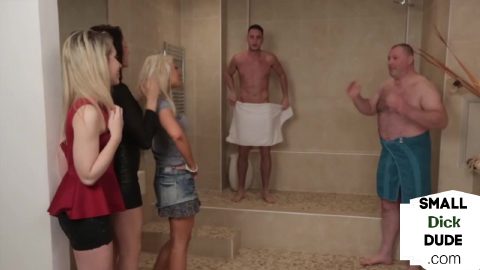 CFNM dommes humiliate pathetic tiny dick in showers