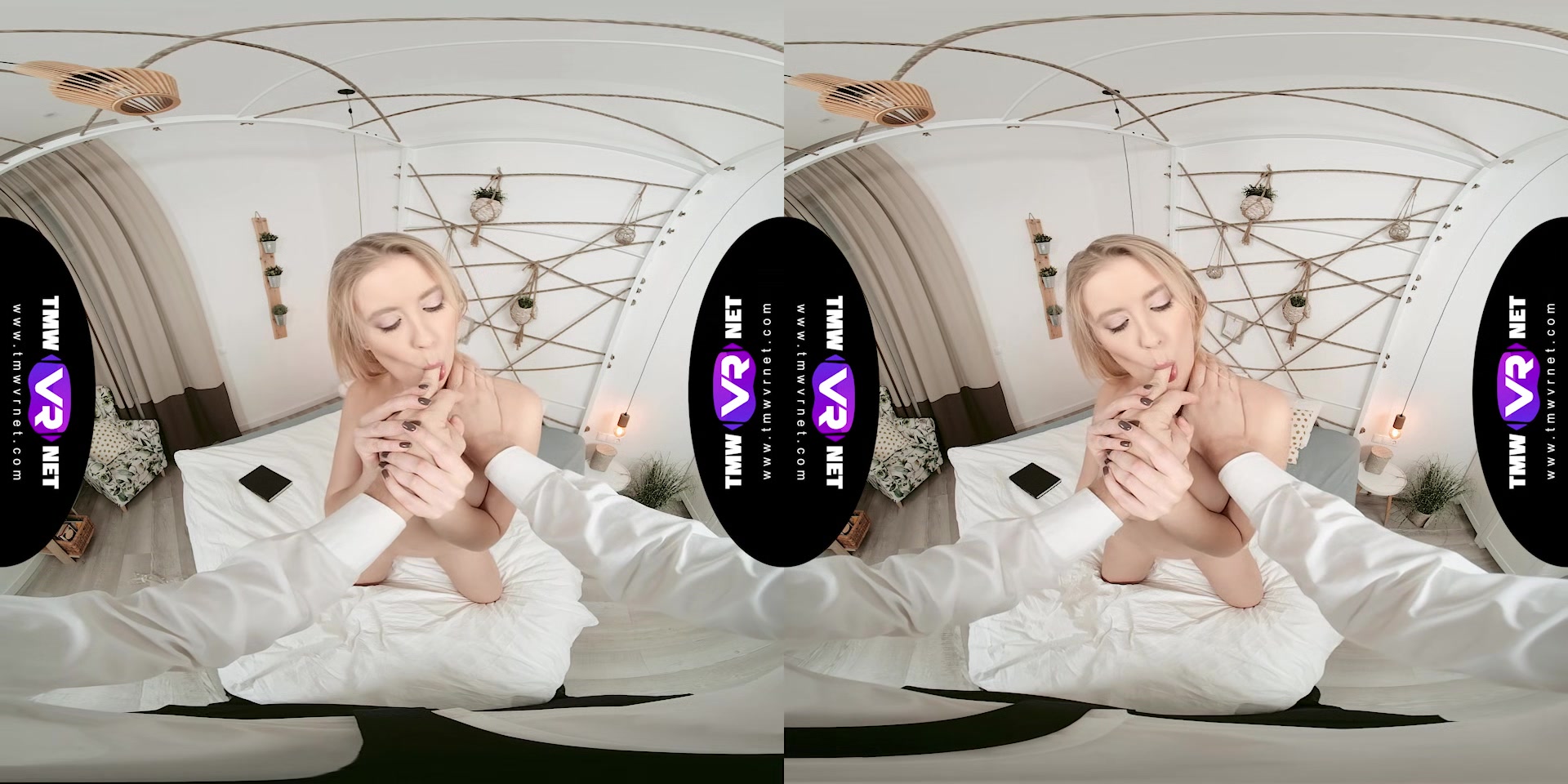 Glam blonde waits for dude in bed