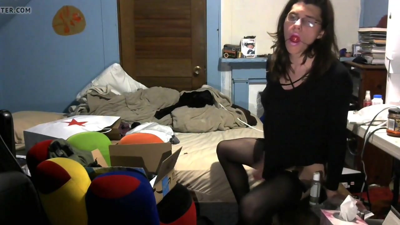 Femboy slut masturbating sitting on dildo ballgag