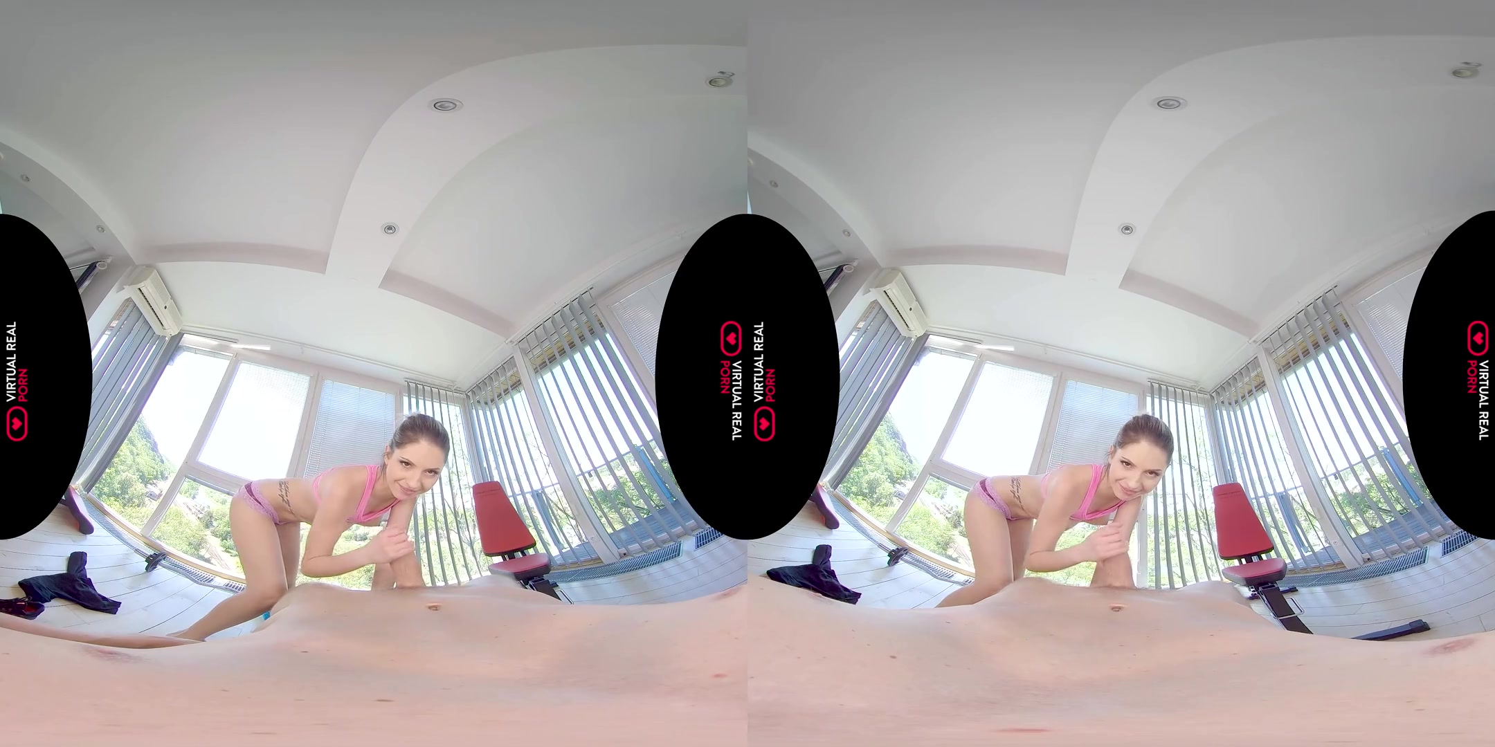 Weight Bench - Hot babe in yoga pants gives you a blowjob and then fucks you