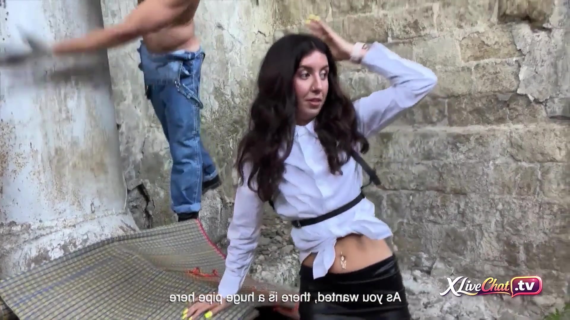 Construction Workers Gangbang Horny Brunette in Ruins Double Penetration