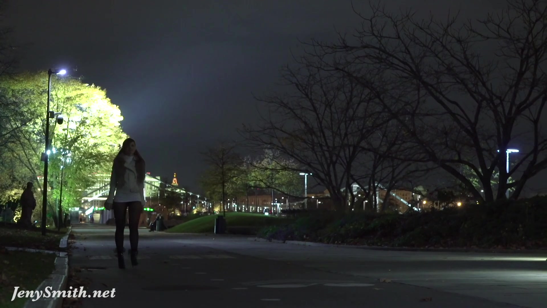 Deep Evening - Russian Jeny Smith walks in public in transparent pantyhose without panties.