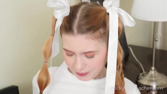 Sweetie kneels to suck her teacher's big dick