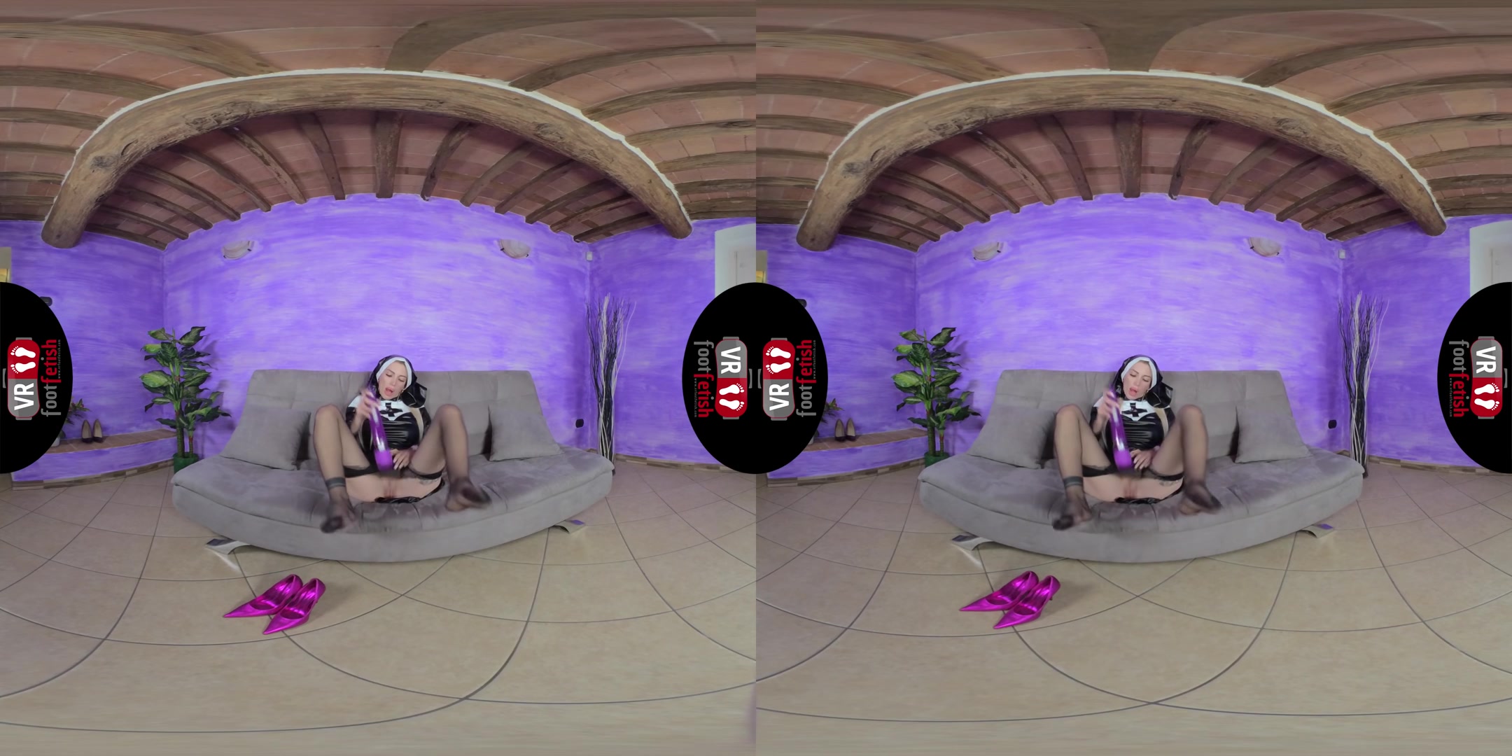 Naughty nun Elis Stimulates Her Pussy With A Purple Vibrator - VRFootFetish