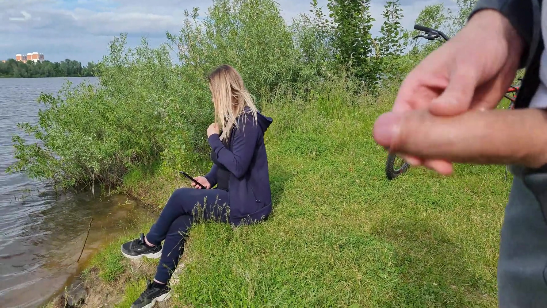 Man Flashes Cock In Public And Cumshot Near Beautiful Blonde Girl She Look How His Jerkoff Hard Dick And Cum On Her Body