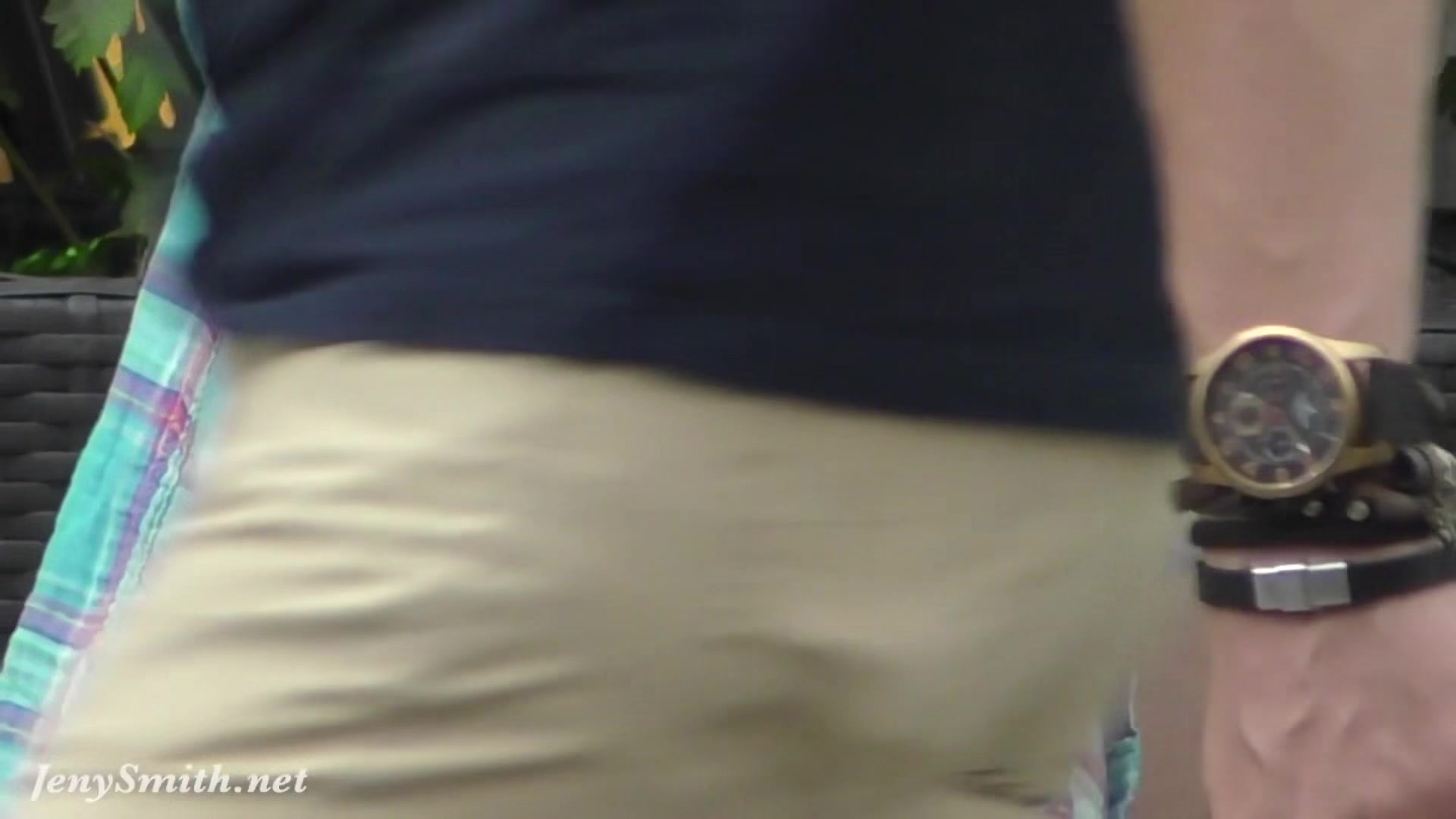 Jeny Smith walks in public with transparent shorts. Real flashing moments