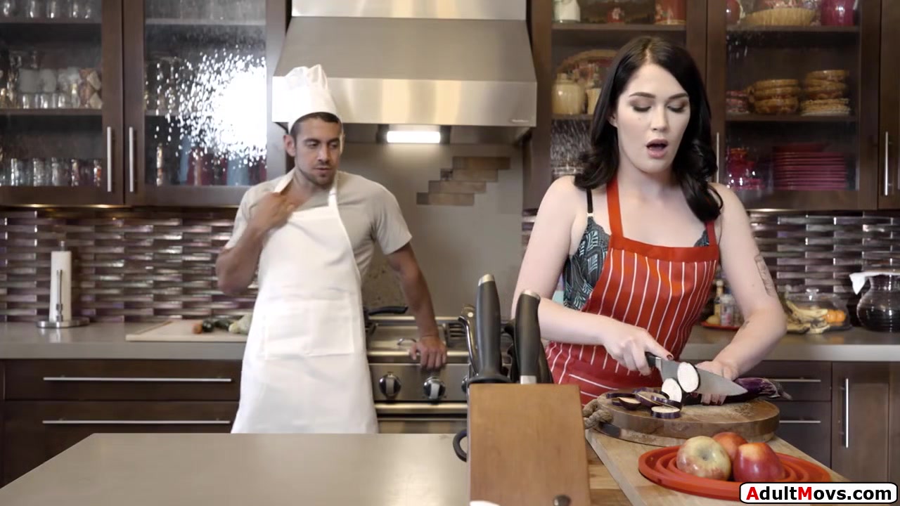 Brunette is caught masturbating by chef