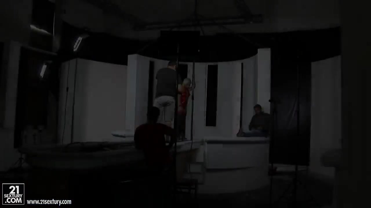 Backstage with astounding blonde Bibi Noel fucking with two lucky lovers