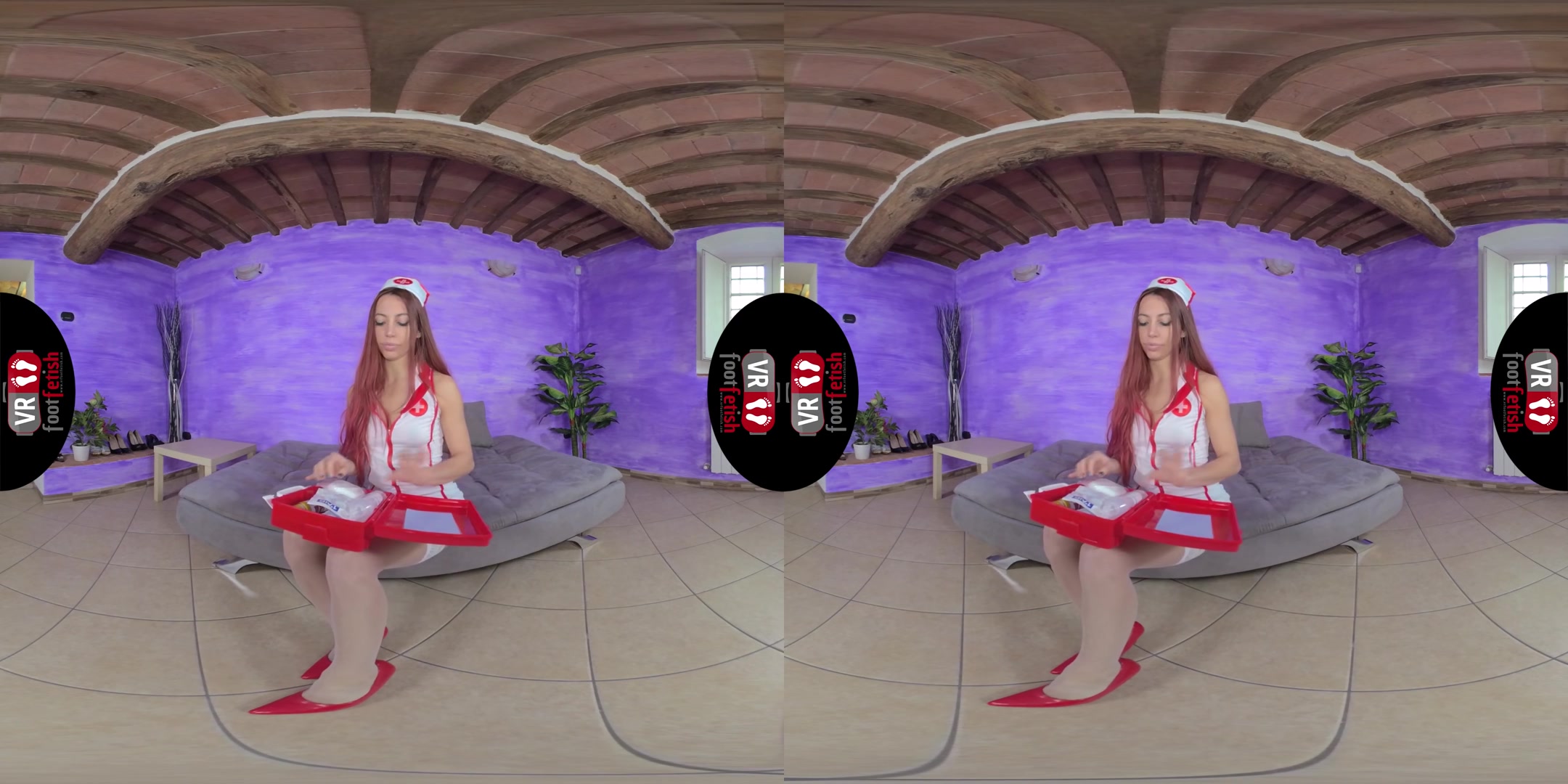 Deliciously Sexy Elettra In A Red And White Nurse's Uniform - VRFootFetish