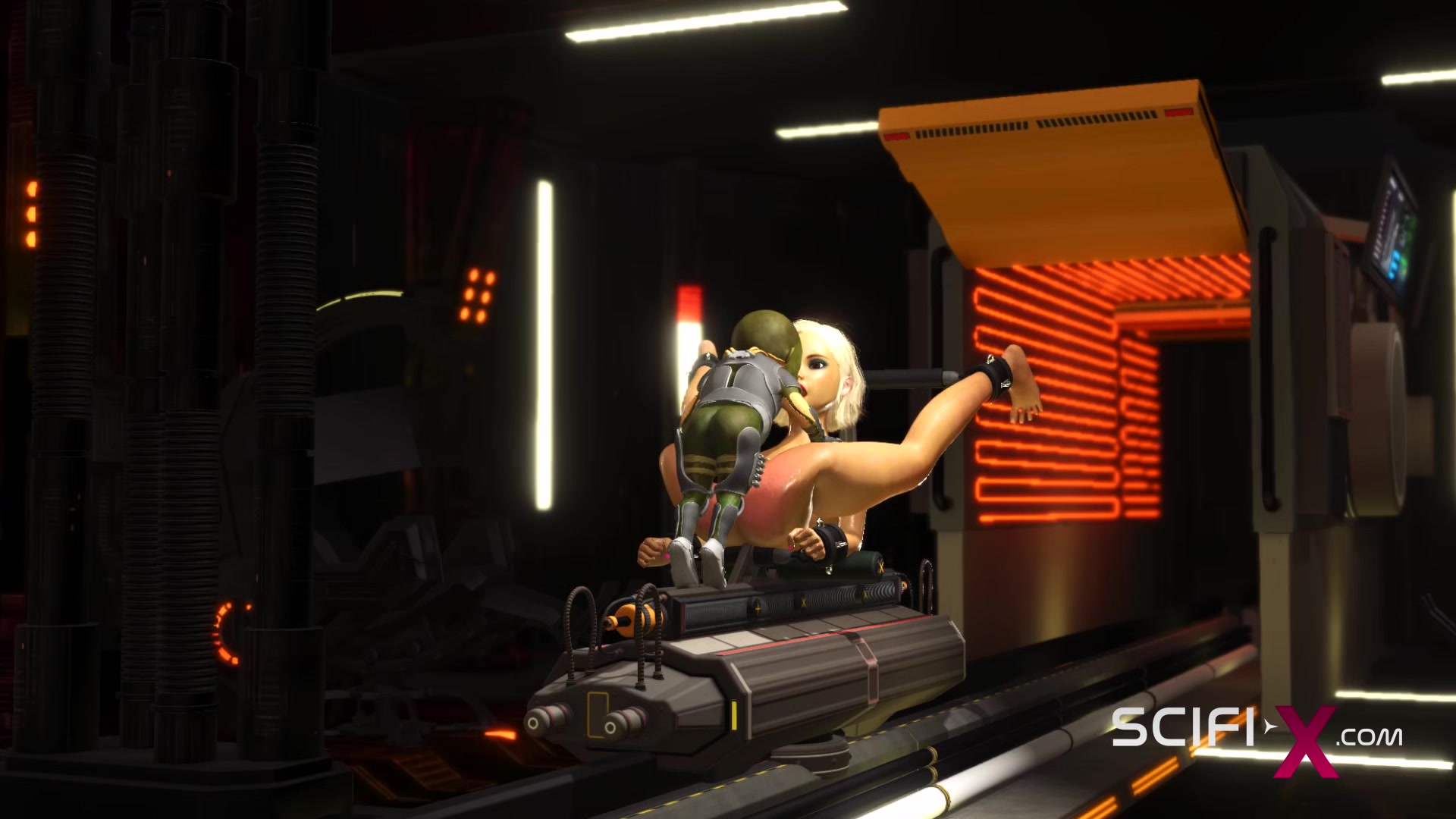 Green alien fucks hard a sexy cuffed girl in the sci-fi lab in a spacecraft