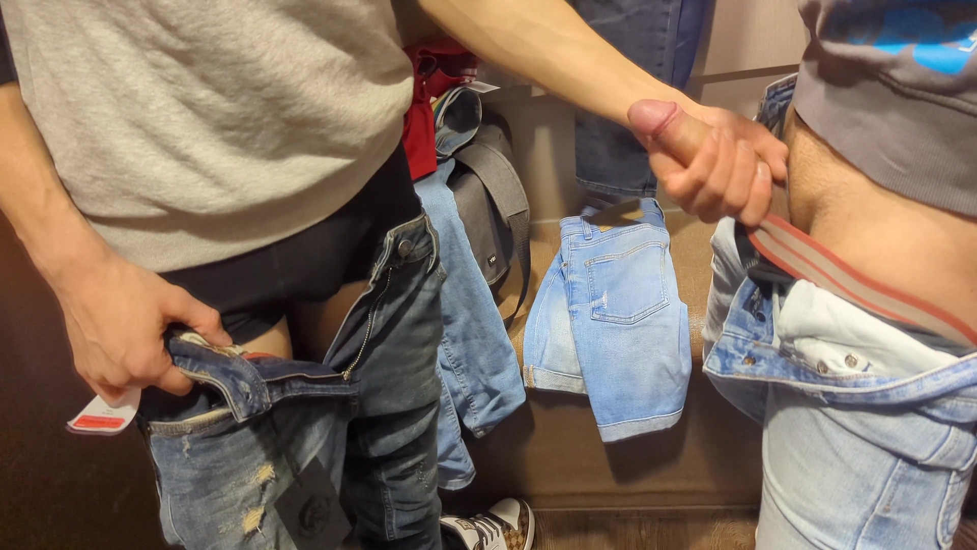 Jerk Off And Blowjob Action In A Public Changing Room