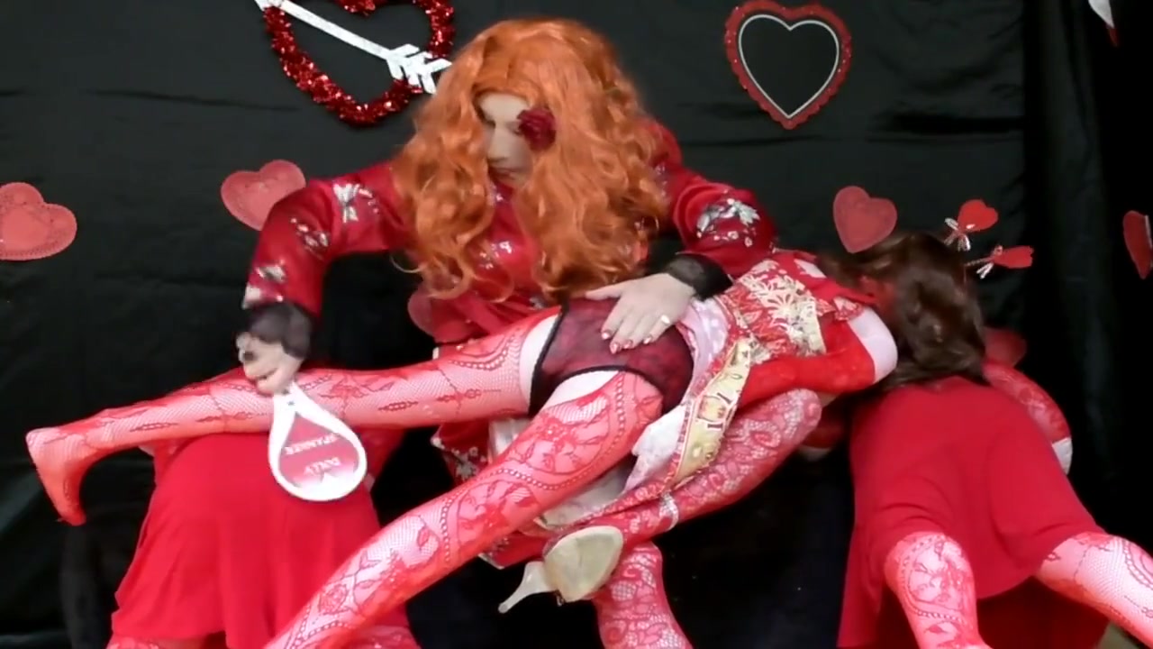 sissy Valentines Day cosplay with 3 blow up dolls 2 -spanking orgy