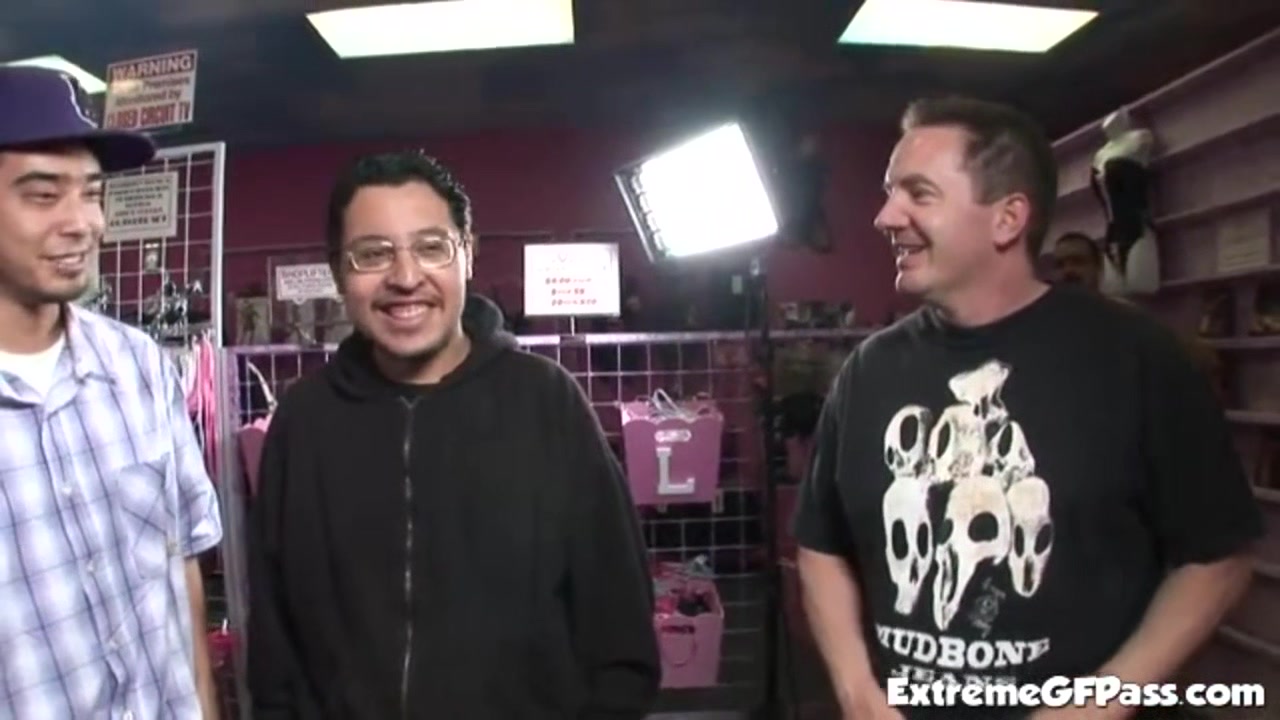 Cock whore rides in filthy sex shop trio